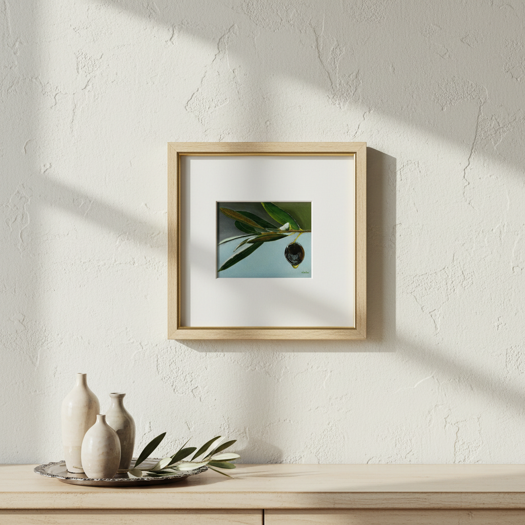Olive branch original with white mat border in frame