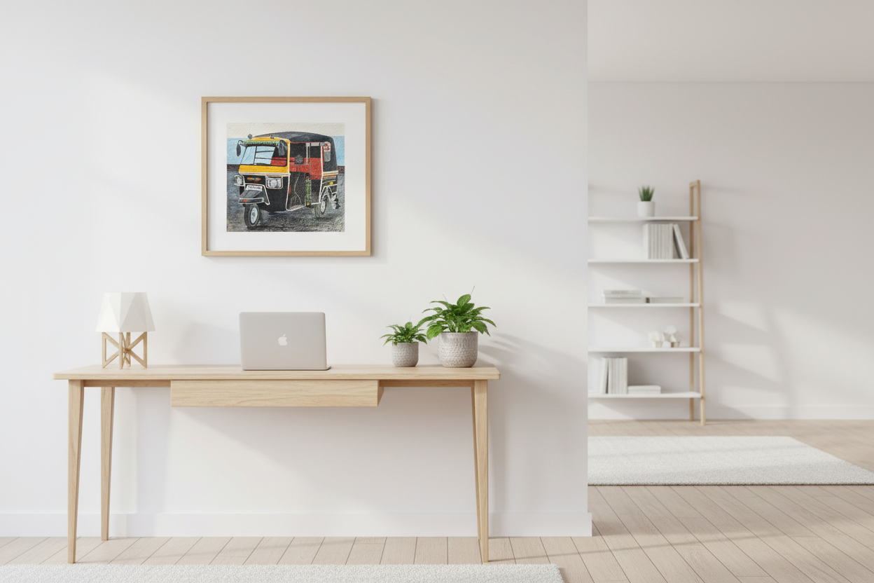 Auto rickshaw in Scandinavian office