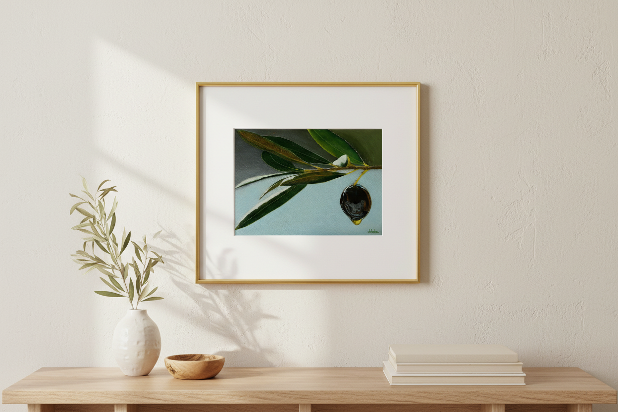 Olive branch print framed with white mat in living room