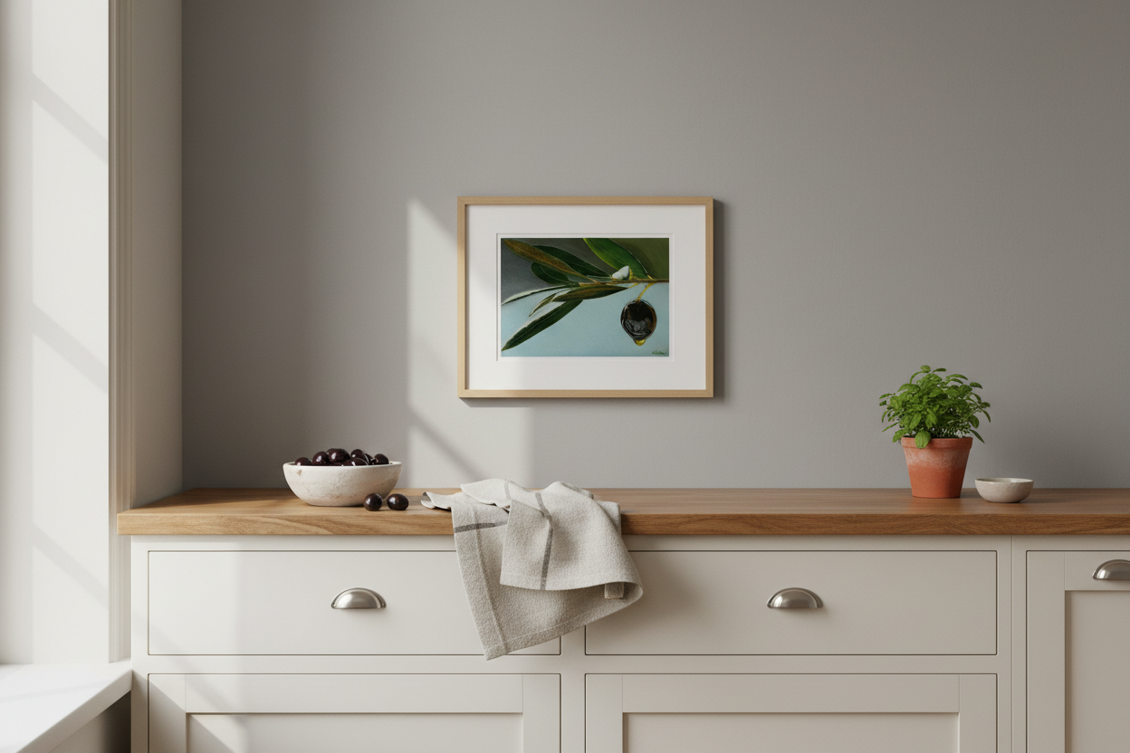 Olive branch print in elegant Scandinavian kitchen